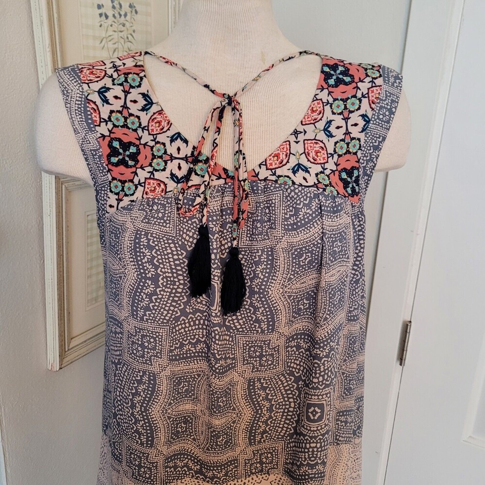 Knox Rose Boho Tassel Shark Bite Blue Paisly Tank Top Women Size 1 Fits Medium